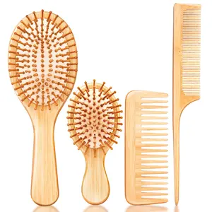Natural Bamboo Hair Brushes and Combs Set - Detangling Brush for Wet & Dry Hair, Suitable for All Hair Types