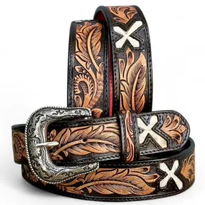 Men's Boho Western Y2K Belt Vintage Style Cowboy Belt for Men Full Grain One Piece Leather Y2K Vintage Boho Cowboy Belt 1.5" Wide Handmade Leather Belt with Buckle Engraved Tooled Floral Western Leather Belt