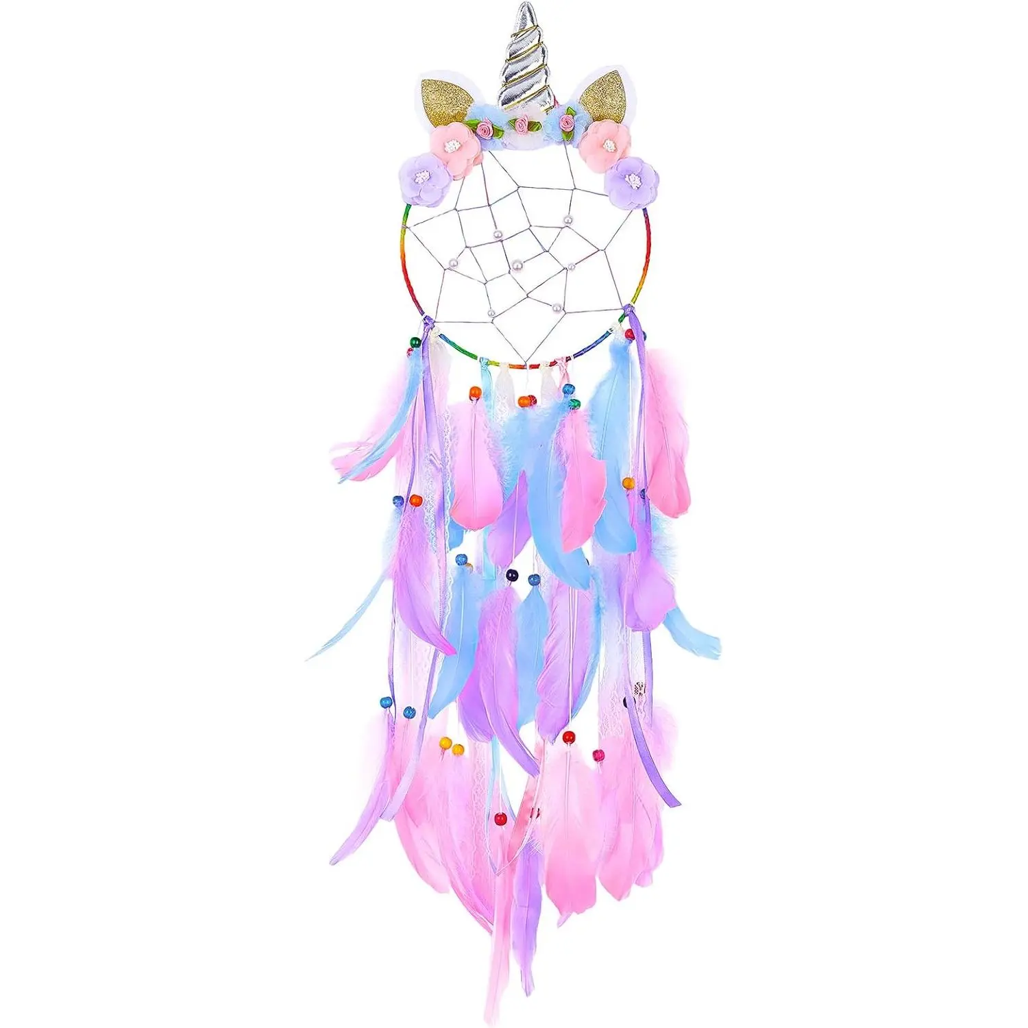 Unicorn Dream Catcher Wall Ornament with Colorful Flower Motif-Feather Design, Pearl Accents, Kids Room Decor for Sleep Soundly, Hangable Home Window Decoration, Approx. 28"L, Feathered