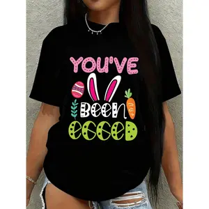 Black Summer Graphic Tees Featuring The Easter Bunny And Egg Hunt Design, Perfect for Casual Daily Wear. These Soft And Comfortable T-Shirts Are Ideal for Outdoor And Embody a Streetwear Style