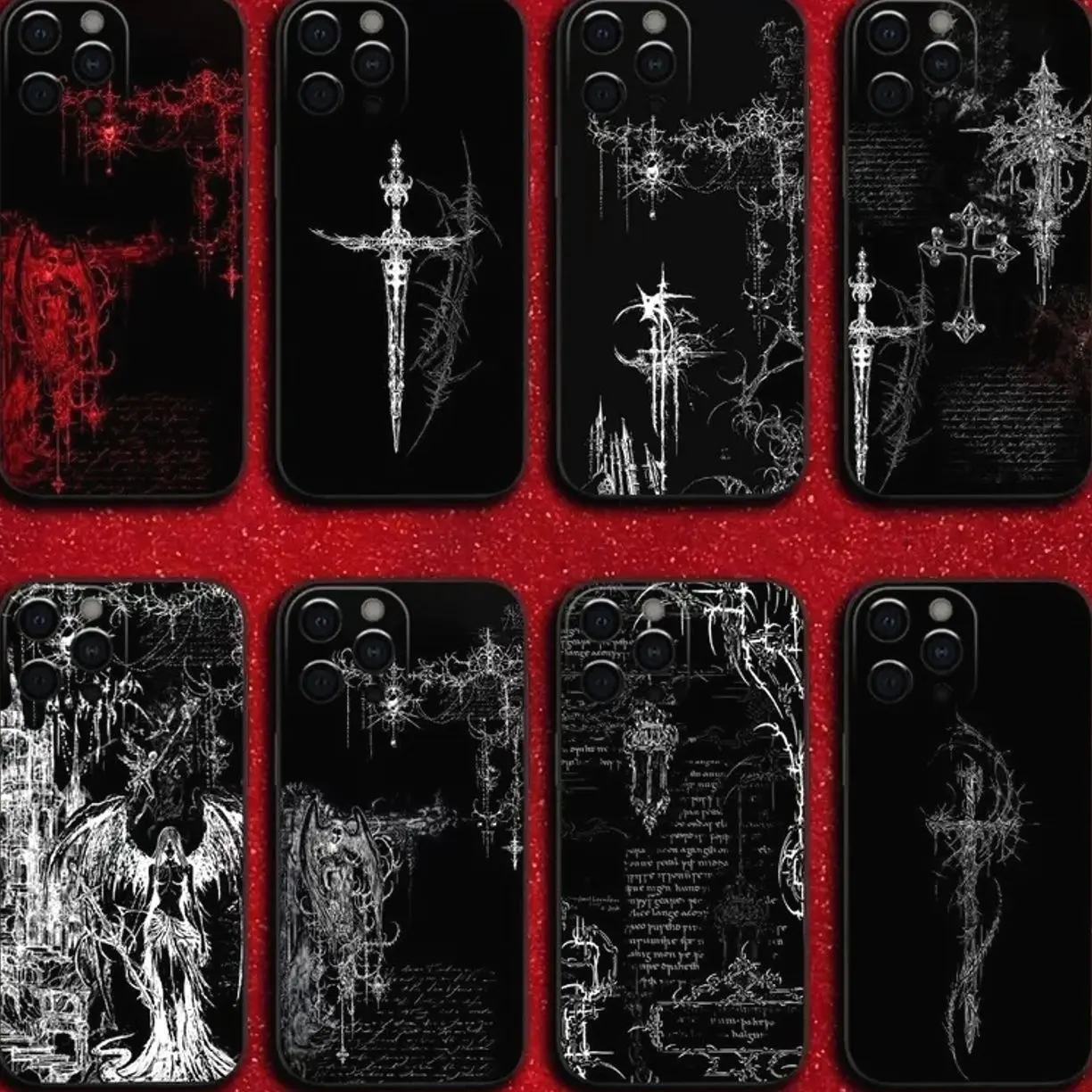 Gothic Cyber Sigil Cross Phone Case, Black Cover Phone Case for iPhone 11 12 13 14 15 16 Pro Max Plus X SE, Samsung S21 S22 S23 S24 S25 9NM