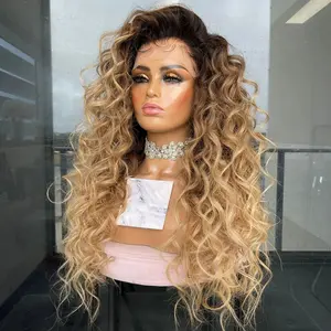 Curly Honey Blonde Ombre Transparent Full Lace Human Hair Wigs for Women 180% Density Pre Plucked  Lace Front Wig Peruvian Remy