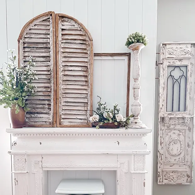 35" High Whitewashed Wood Arched Shutter Set of 2