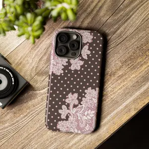 Vintage Lace Floral Polka Dot Tough Phone Case, MagSafe Dual Layer Shockproof Protective Cover, Elegant Feminine Aesthetic Design, Gift For Her