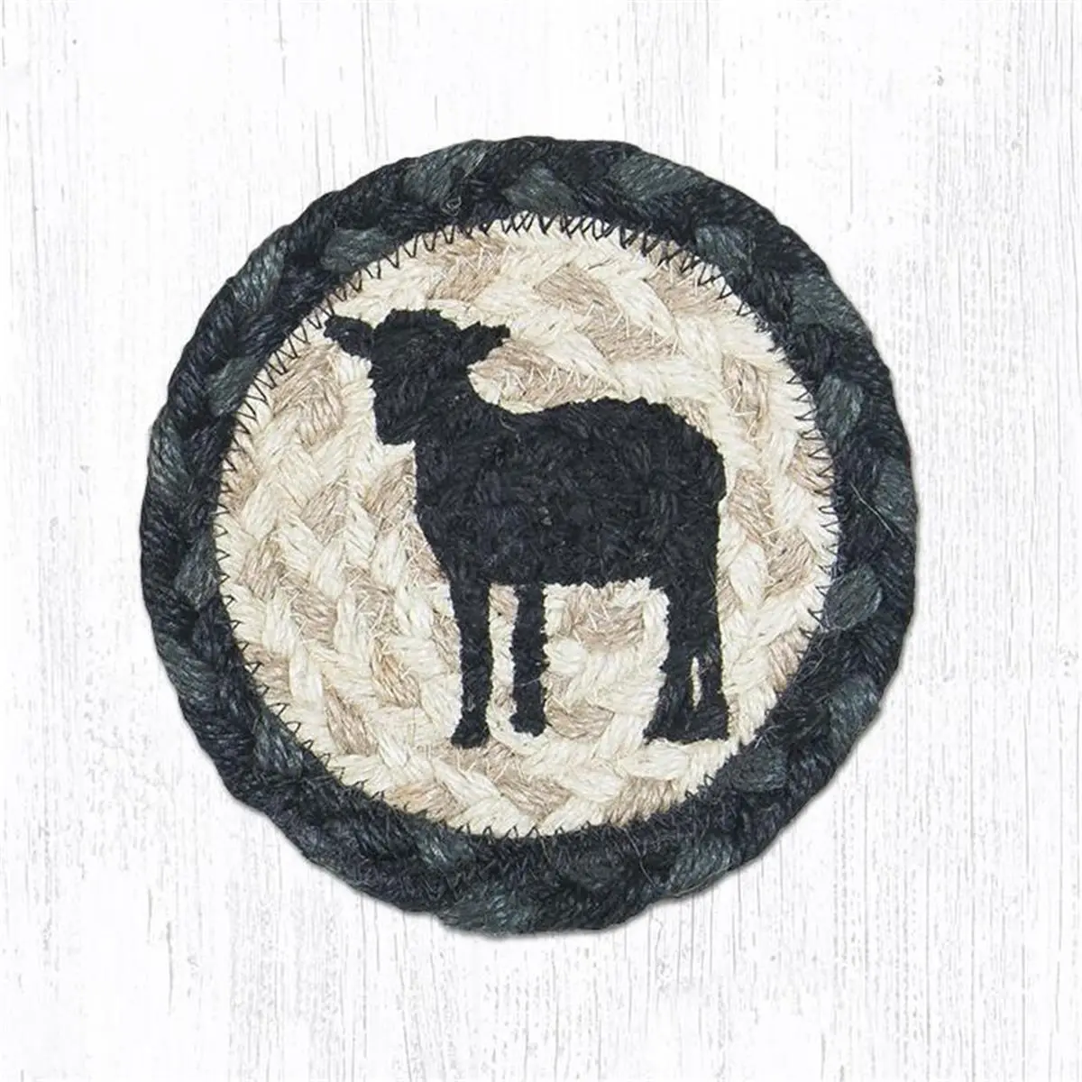 212 MAIN Hand-Stenciled Jute Coasters Set - 5" x 5" Round Sheep Silhouette Tableware, Natural Room & House Decor Table Accent