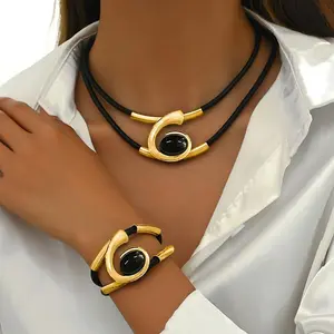Women's Bohemian Design Spiral Inlaid Black Acrylic Gemstone Loose Spacer Bead Pendant Necklace and Bracelet Suit Two-Piece Set