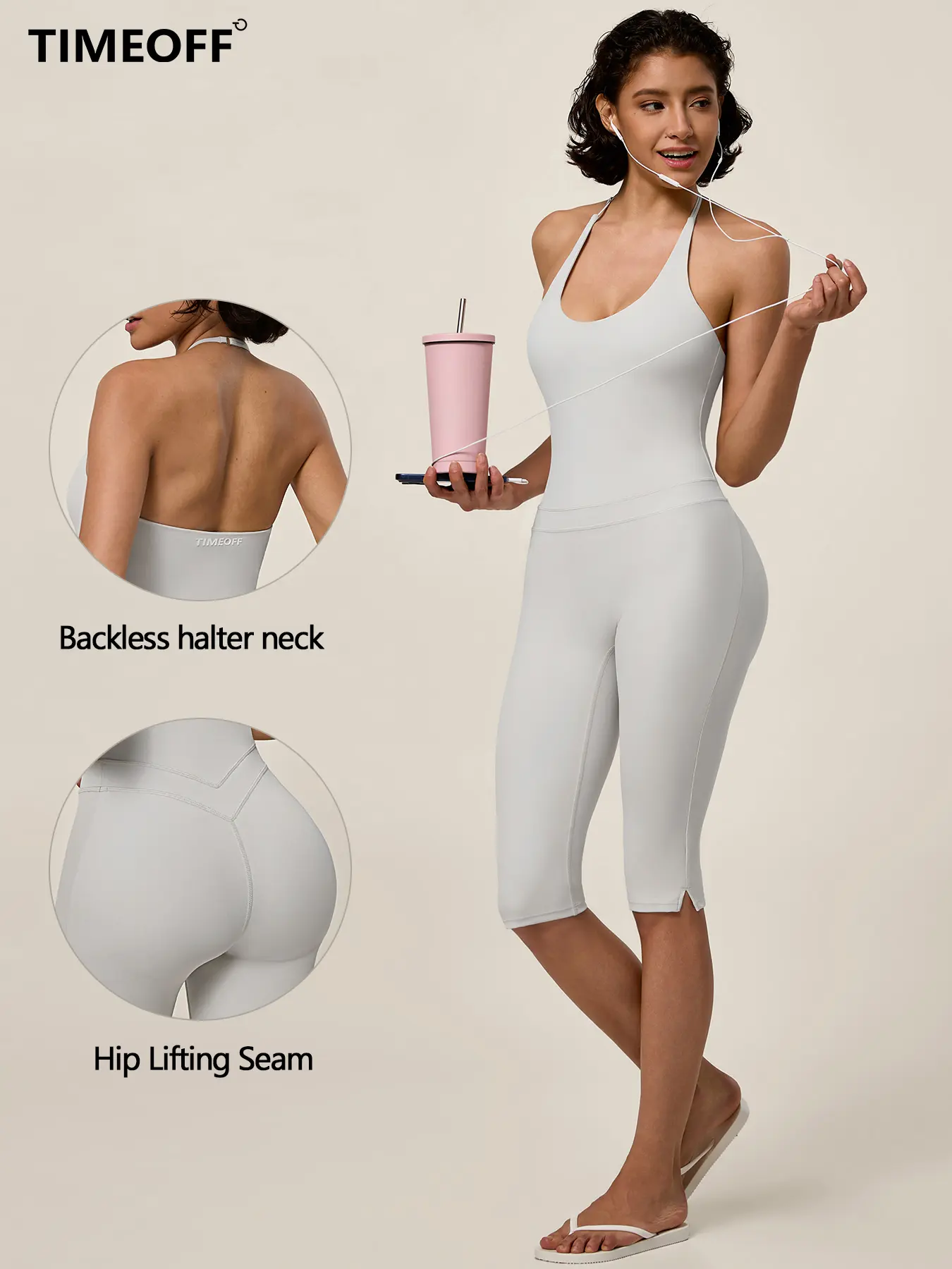 TIMEOFF Women's Halter U-Neck Capri One Piece Workout Jumpsuit, Contour Hip Lifting Seam & 4-Way Stretch Soft Fabric, Slip Resistant Support & Chafe-Free Sculpt Fit for Yoga, Pilates, Gym Training & Daily Loungewear,travel essentials,camping essentials