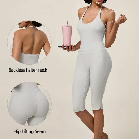 TIMEOFF Women's Halter U-Neck Capri Length Athleisure Modern Sports Jumpsuit - Contoured Cut, 4-Way Stretch Soft Fabric, Hip-Lift Seams, Slip-Resistant Support, Chafe-Free Sculpt Fit, Elastic - Ideal for Yoga, Gym