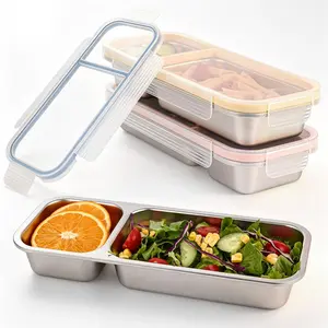 3 Pack Stainless Snack Containers, Leakproof 2 Compartment Bento Snack Box with Airtight Lids, Reusable Divided Containers for, Travel, Office, Snack Packs (3pack-a)