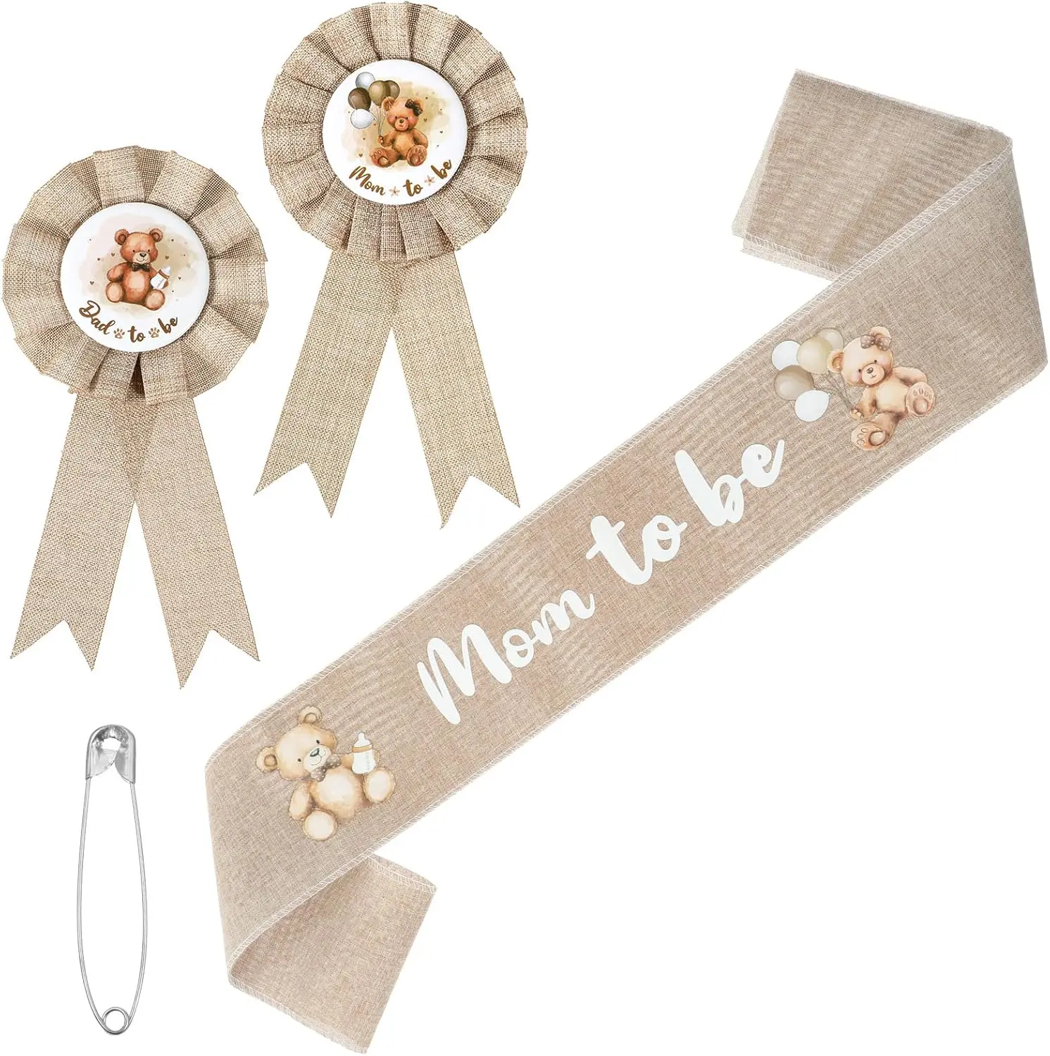 Neutral Sage Green Mom to Be Sash Baby Shower Decorations Dad to Be Pin, Rustic Boho Mommy to Be Sash Baby Shower Corsage Pin Set for Pregnant Mommy Gift Props Keepsake Gifts Party Decorations (Bear)