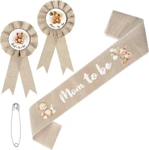 Neutral Sage Green Mom to Be Sash Baby Shower Decorations Dad to Be Pin, Rustic Boho Mommy to Be Sash Baby Shower Corsage Pin Set for Pregnant Mommy Gift Props Keepsake Gifts Party Decorations (Bear)