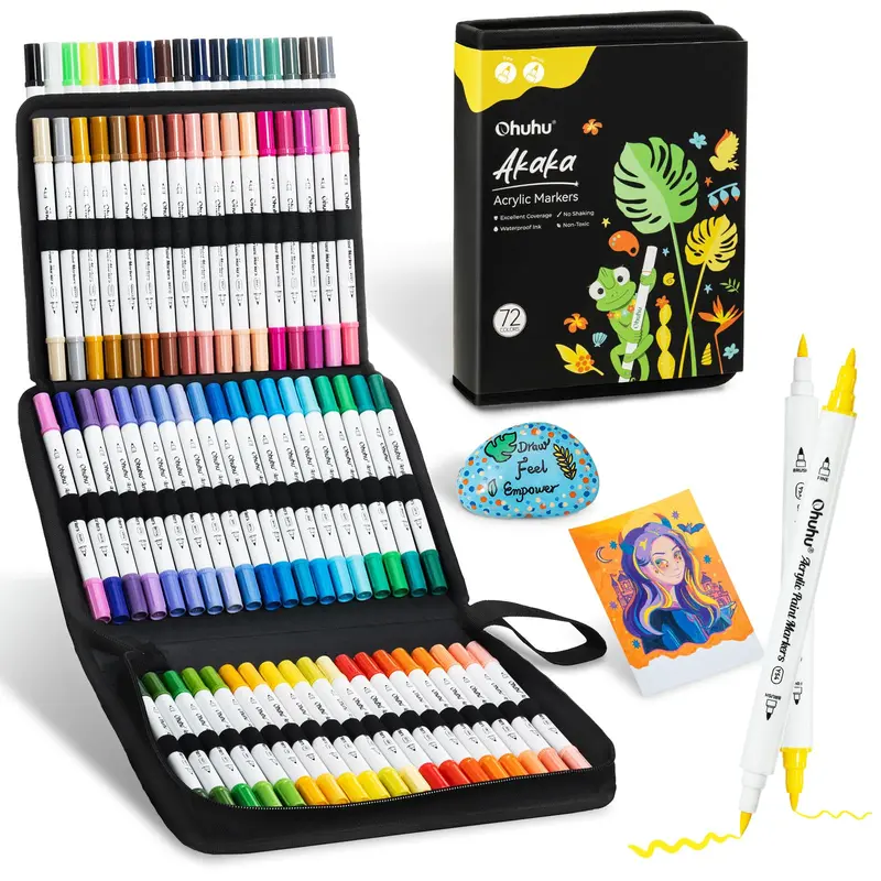 Ohuhu Acrylic Paint Markers: Brush & Fine Dual Tips - 72 Colors - High Opacity - Waterproof & Lightfast - Multi-Surface for Rock Painting, 3D Prints, Egg Decorating, Wood, Glass, Ceramic - Gift for DIY Craft Enthusiasts - Akaka Series of Ohuhuart