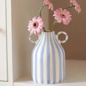Hand-Painted Ceramic Vase, Dual-Ear Floral Striped Design, Multifunctional Home & Event Decor, Perfect Birthday Gift for Her