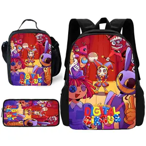 Digital Circus Cartoon Character Print 3-Piece Backpack Set - 2-Way Shoulder Bag, Lunch Storage Pouch, Cute Pencil Case, Y2K Retro Nylon Back Support Stress-Relief Backpack for 8-12 Year-Old Primary School Students