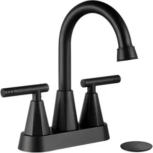 Bathroom Faucets for Sink 3 Hole, 4 Inch with Pop Up Drain and 2  Hoses, 2 Handle Centerset Bathroom Faucet for Sink Vanity, Midnight Black Matte