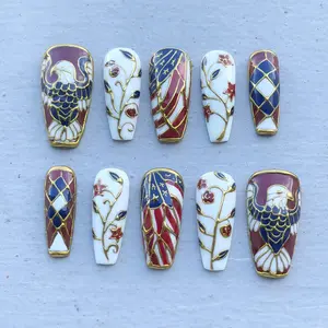 Handmade Patriotic Eagle Press On Nails | Gold Outline USA Flag Design, Vintage Holiday Nail
