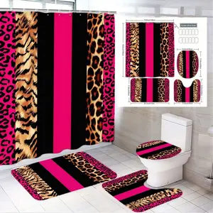 4pcs Vibrant Animal Print Bathroom Decor Set - Chic Shower Curtain, Bath Mat & Toilet Mats in Bold Leopard & Tiger Stripes, Modern Patchwork Design for a Fresh Look - Perfect for Spring Refresh or Summer Vibes in Your Bathroom!
