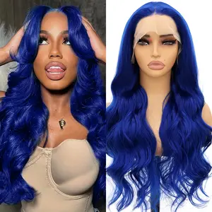 KINCY 13*4 Long Blue Wavy Lace Front Wigs Long Wavy Blue With Heat Resistant Fiber Hair Wigs For Women For Cosplay Halloween Christmas Use 26 Inch