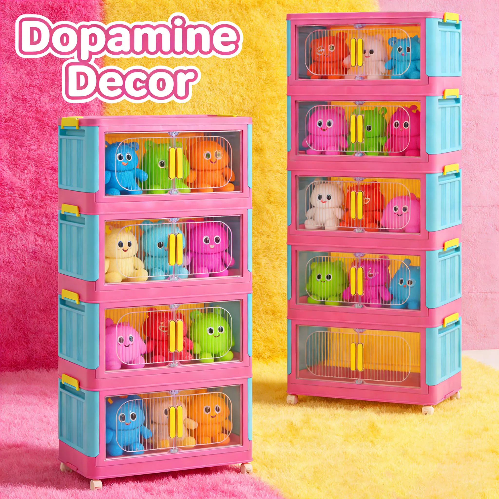 Dopamine Pink Freestanding Rectangular Durable Plastic Storage Cabinet - Dustproof Storage with Stable Base, 360-Degree Rotating Casters, Silent Slide Rails, Drawers & Cubbies, Multi-Layer Foldable, Extended Solutions for Bedroom, Small Apartments, Drawer