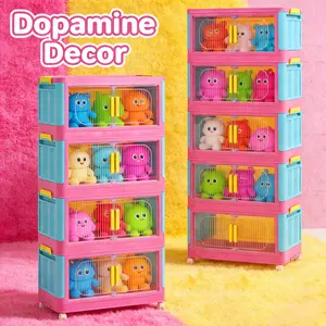 Dopamine Pink Multi-Layer Foldable Plastic Storage Cabinet, Dustproof Organizer for Bedroom, Living Room, Apartment — An Ideal Choice for Home Organizers and Fashion Influencers