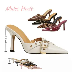 Kitten Heels For Women Vintage Pointed Toe Heels Mules Sexy Pointy Studded Heels Slip On Stiletto Heels Pumps Party Wedding Shoes Women Elegant Footwear