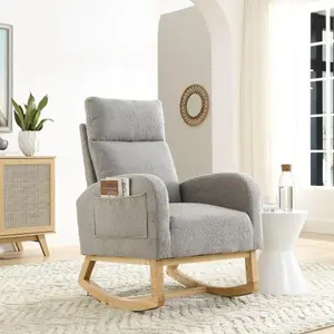 Modern Accent Rocking Chair with High Backrest - 27.6" Wide Lounge Armchair, Sturdy Wooden Rocker for Living Room, Bedroom, Comfortable Upholstered Seat with Side Pockets
