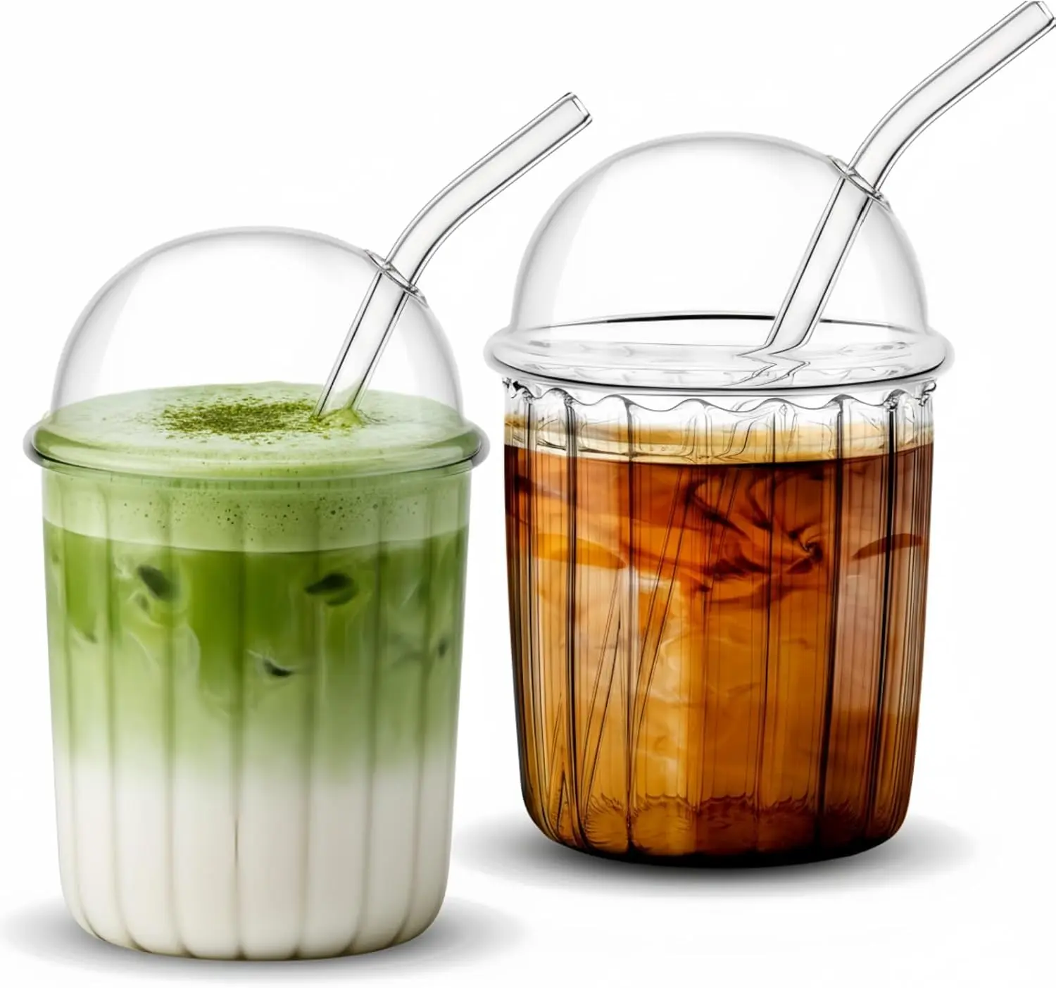 2 Pcs Glass Cups with Dome Lid and Straw 15 oz Iced Glass Matcha Cup Aesthetic Coffee Cup Cute Drinking Glassware for Juice, Beverage, Milk, Bubble Tea, Cocktails