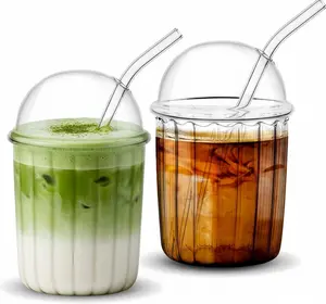 2 Pcs Glass Cups with Dome Lid and Straw 15 oz Iced Glass Matcha Cup Aesthetic Coffee Cup Cute Drinking Glassware for Juice, Beverage, Milk, Bubble Tea, Cocktails