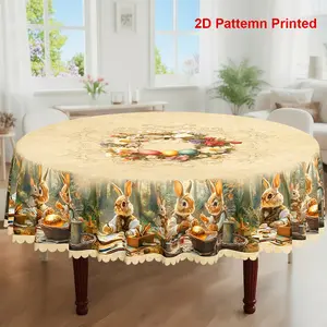 1pc, Easter Themed Party Tablecloth, Spring Summer Vintage Rabbit Wreath Colored Eggs Printed Design, Rectangular/Round/Oval Table Cloth, Embossed Edges, Suitable For Picnic Dinner Kitchen Dining Room Decoration