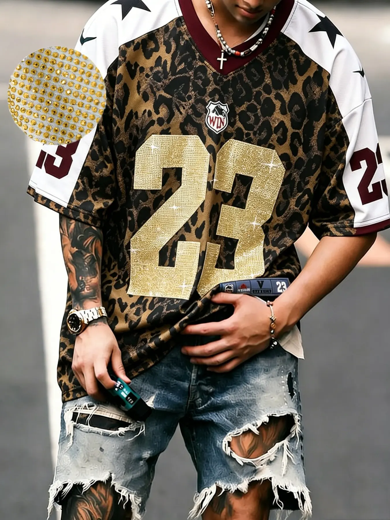 Men's Loose Leopard Print 23 Number Rhinestone Basketball Jersey T-Shirt, High Street Versatile Classic Style, Fashionable and Comfortable, Stylish Jersey