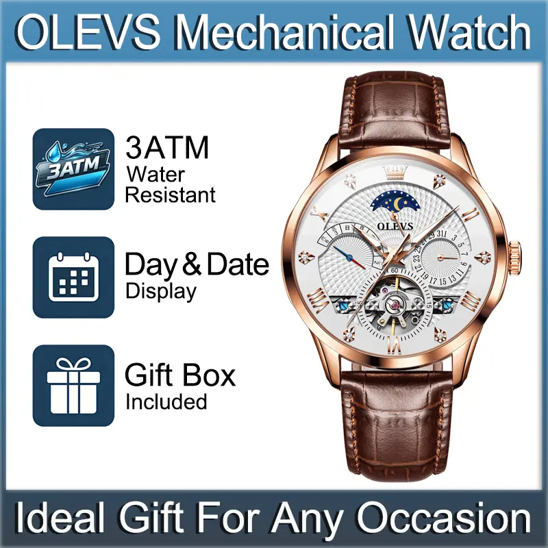 OLEVS 6652 Automatic Mechanical Wristwatch for Men, Multifunctional Hollow Dial, Week Date Display, Luminous Hands, Leather Strap Business Casual Watch, Ideal Gift Choice for Men