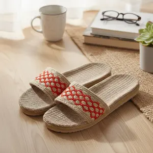 Summer Linen Slide Slippers Red Lace Trim Lightweight Quiet Walking Breathable Moisture Wicking Anti Static Comfort Indoor House Shoes