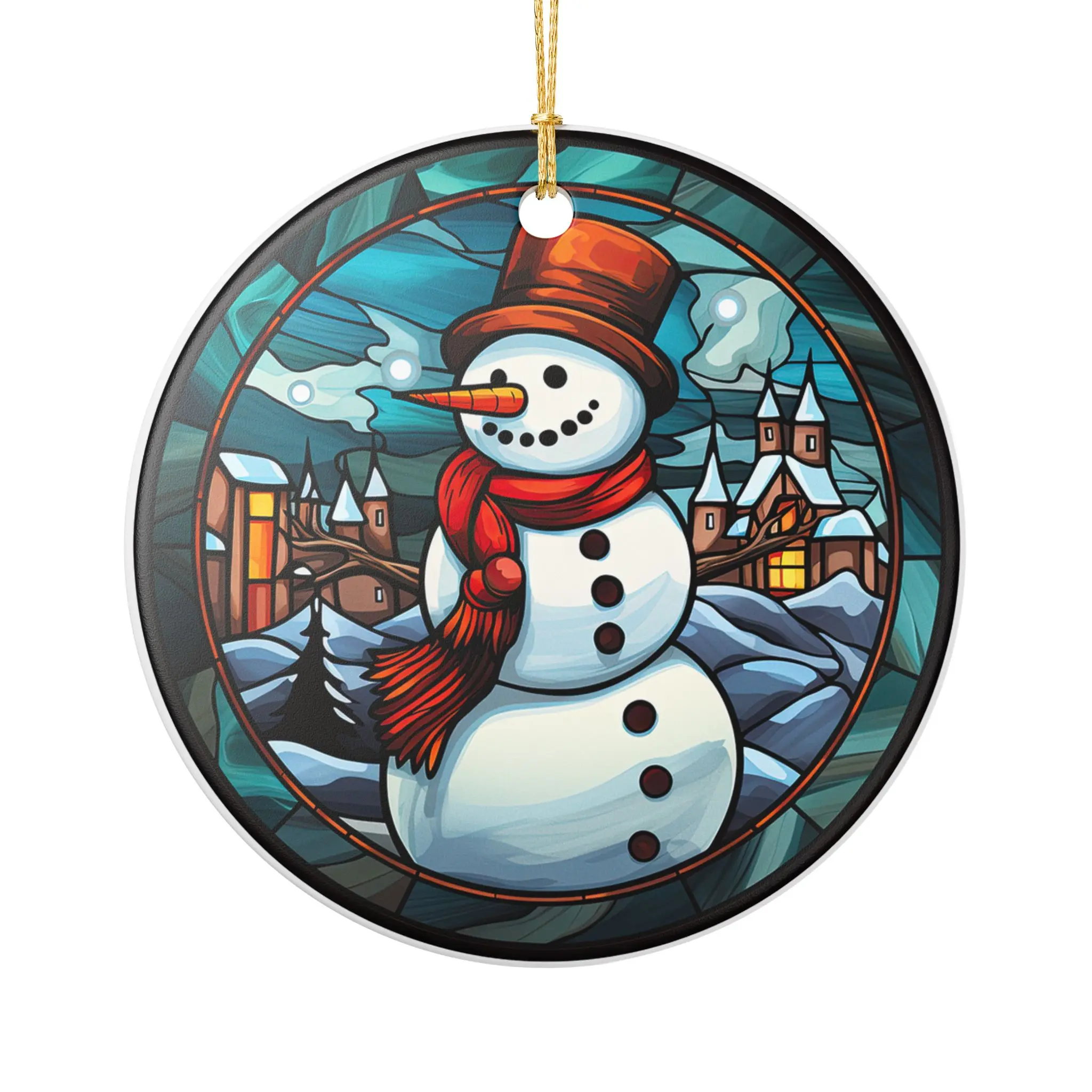 Snowman Stained Glass Ornament ceramic Christmas Decoration | Round Holiday Ornament
