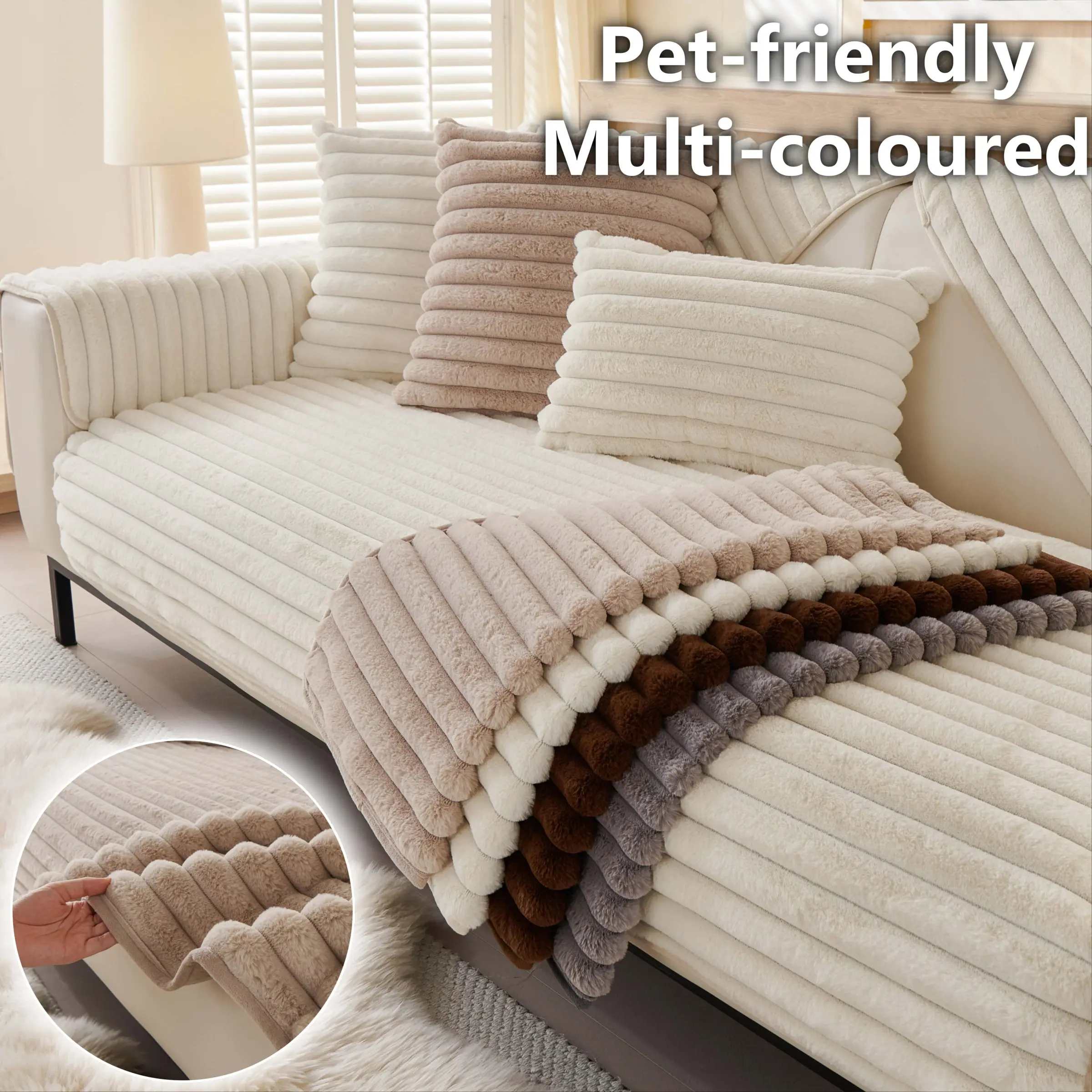 Plush Ribbed Sofa Cover, Washable Dustproof Sofa Slipcover, Sectional Sofa Slipcovers, Thick Sofa Pad, Anti-Scratch Non-Slip, Pet-Friendly Couch Protector, Sofa Protector, Sofa Couch Covers, for Living Room Décor, Loveseat, 2/3/4-Seater Sofa