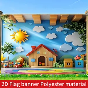 Spring Cartoon Theme Photography Backdrop, Vibrant Polyester Landscape with House, Blue Sky, Clouds, Kids Room Decor, Party Background
