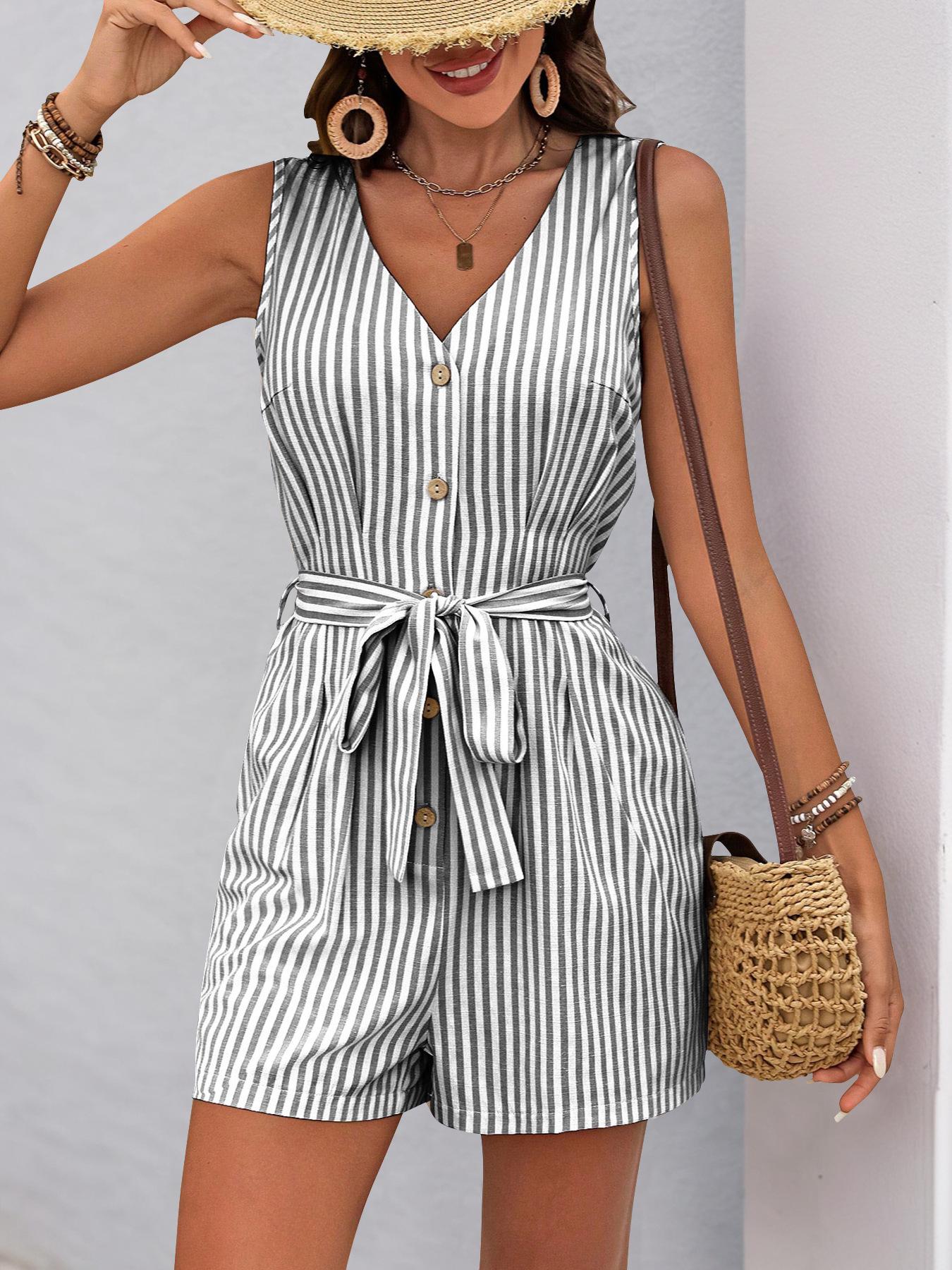 V-neck Sleeveless Striped Jumpsuit Short Pants