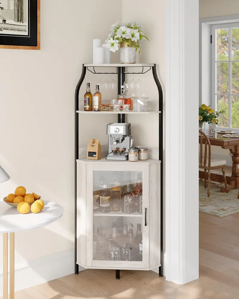 Garvee 68in Corner Bar Cabinet with Power Outlet, Industrial Style Wine Cabinet Featuring LED Strip, Glass Holder, 5-Tier Liquor Storage, Tempered Door, Available in 12 Colors for Home and Small Spaces