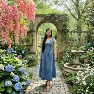 Elegant Denim Maxi Dress with Bow Detail and Long Sleeves for Women