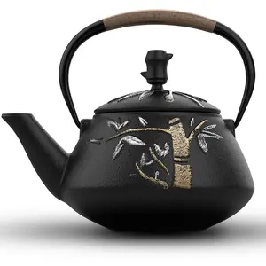 Cast Iron Tea Kettle with Stainless Steel Infuser, Unique Hand Painted Bamboo Pattern, Japanese Tea Pot, Enameled Interior, 800ML Sturdy Teacup