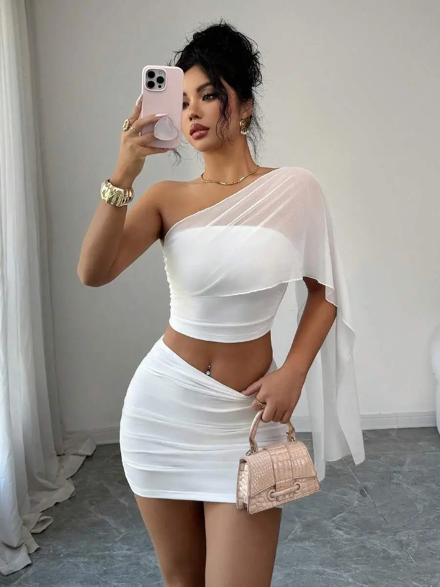 BOUTIQUE Sexy Sheer Mesh Splice Outfit, Summer Ruched Waist Bodycon Mini Skirt & Bandeau Crop Top 2 Pieces Set