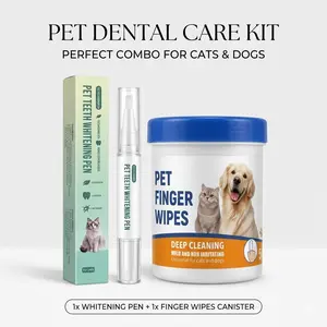 Professional Pet Dog Cat Teeth Cleaning Kit, 2-Step Dental Care Oral Hygiene Set, 50Pcs Finger Wipes & Teeth Whitening Pen, Plaque Tartar Remover, Dog Breath Freshener, Stain Removal, Toothbrush Alternative for Puppy Kitten