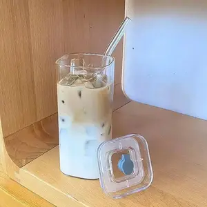 Square Heat-Resistant Glass Cup with Lid & Straw