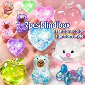 7-Piece Stress Relief Toy Set, Blind Box Design, Soft Crystal Glitter Capybara/heart/apples/octopus/bear, Fun Interactive Desk Accessories