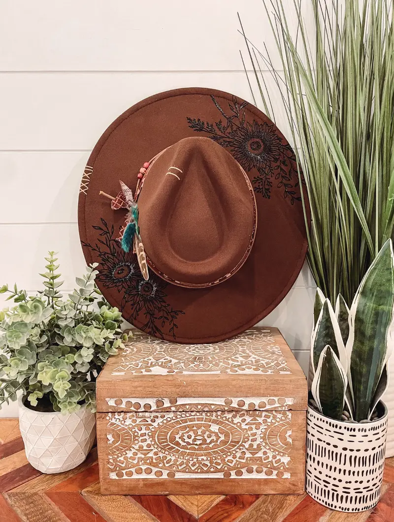 Floral Burned Hat, Floral Engraved Cowboy Hat, Sunflower Hat  display picture 1