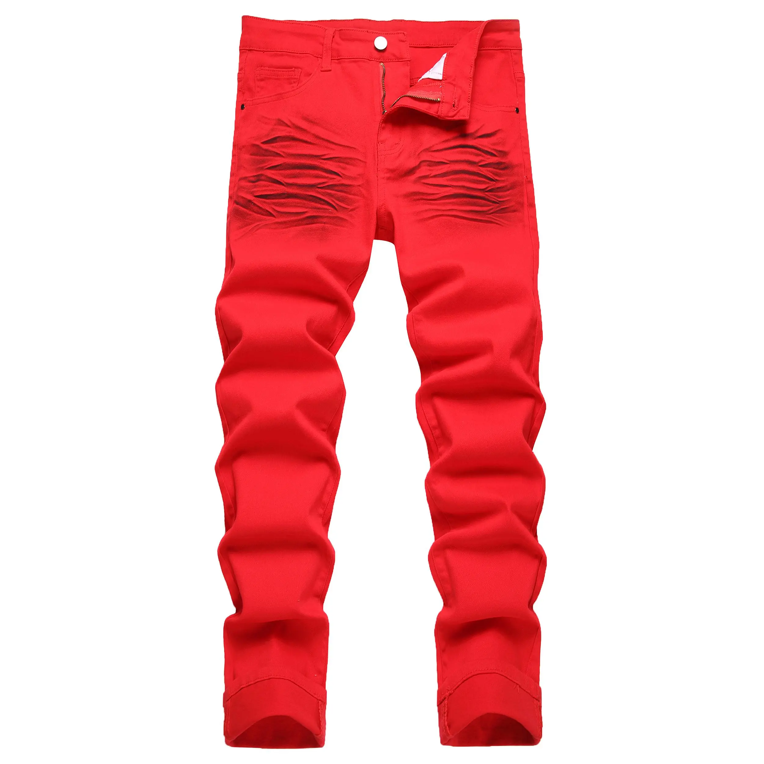 Men's Slim Fit Chic Red Jeans, Lightweight Stretch Denim Pants with Elastane and Pockets, Streetwear Basic Menswear, Slim Fitting