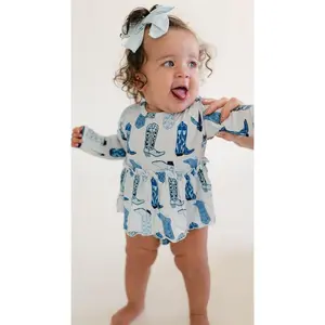 Infant Long Sleeve and Skirt Onesie in Blue Western Boots