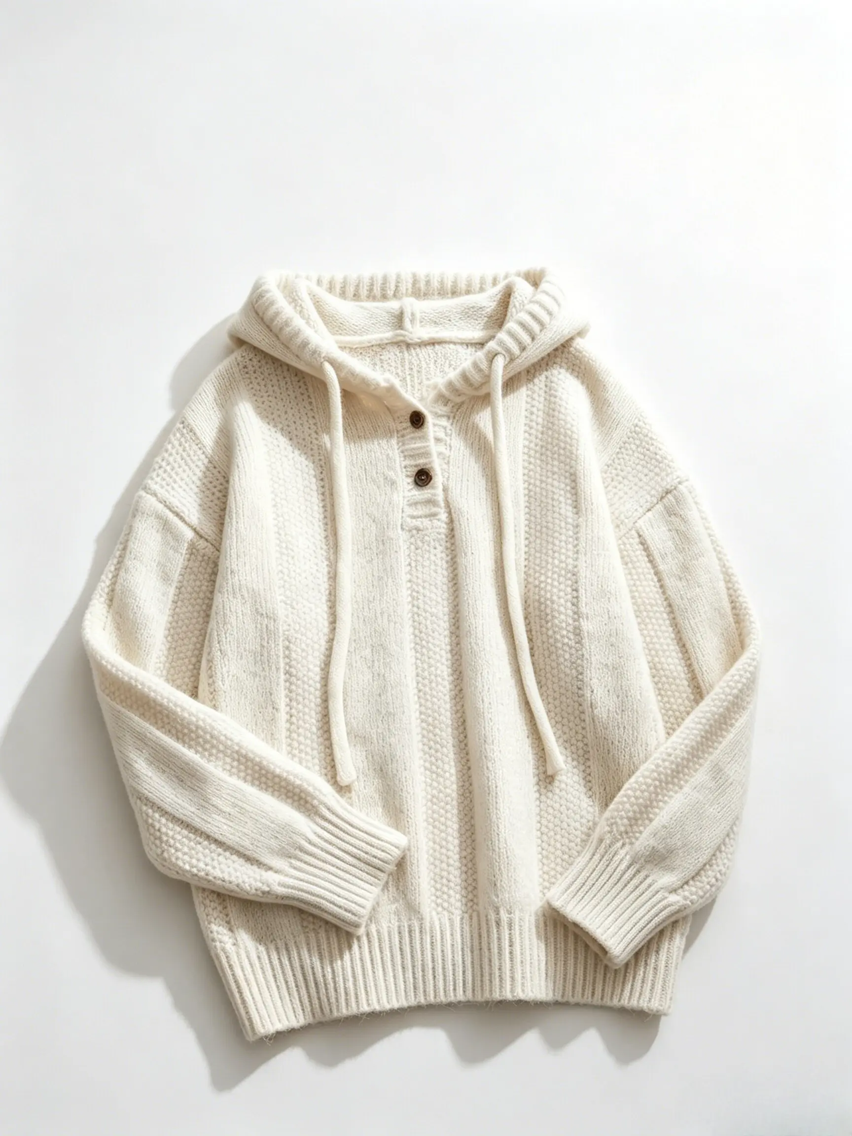 Women's Casual Baggy Pullover Hoodie, Soft Waffle Knit Long Sleeve Sweatshirt with Henley Buttons, Knitwear, Tops, Longsleeves, Clothes, Plain