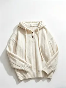 Women's Cream White Long-Sleeve Baggy Knitting Hooded Pullover - High-Density Soft Waffle Knit Basic Casual Half-Button Henley Neck Oversized Hoodie for Autumn Winter Daily Wear