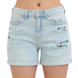 JUDY BLUE High Rise Cuffed Serape Lined Frayed Shorts-Summer Comfort
