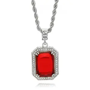 MaxBling81 Hip Hop Style Unisex Jewelry, Gold Silver Plated Cubic Zirconia Red Gemstone Pendant Design, 4mm 24" Rope Chain Bling Necklace for Men Women